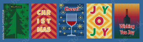 Merry Christmas and Happy New Year. Party invitation card set. Knitted Vector illustration.
