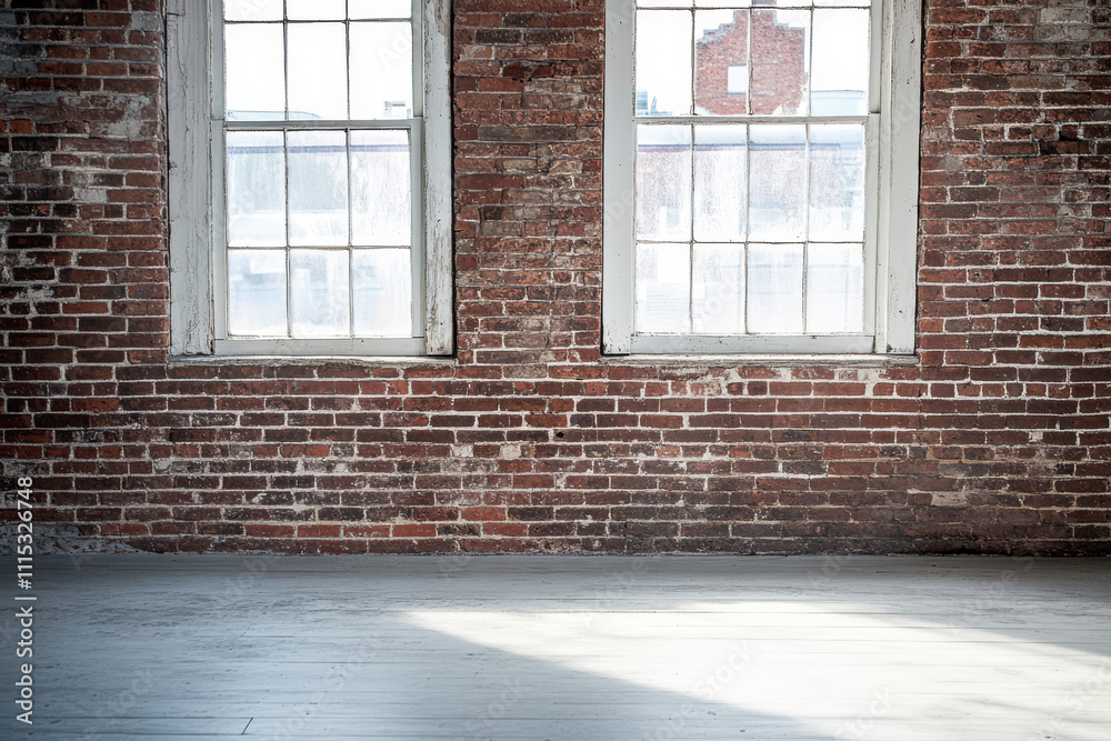 Bright sunlit space with rustic brick walls and large windows in a modern setting Bright sunlit space with rustic brick walls and large windows in a modern setting