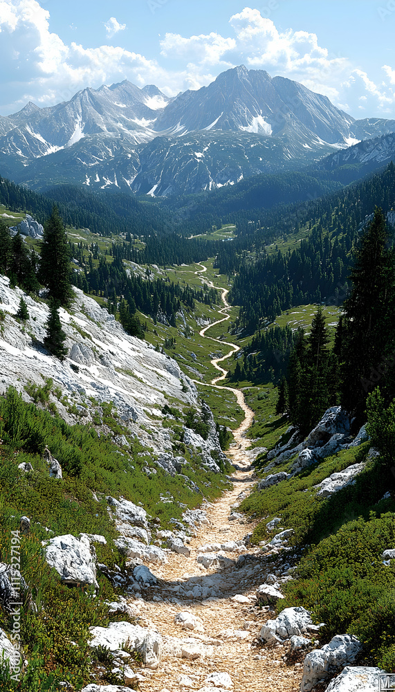 Fototapeta premium Winding mountain trail leading to scenic valley and majestic peaks under a bright sky.
