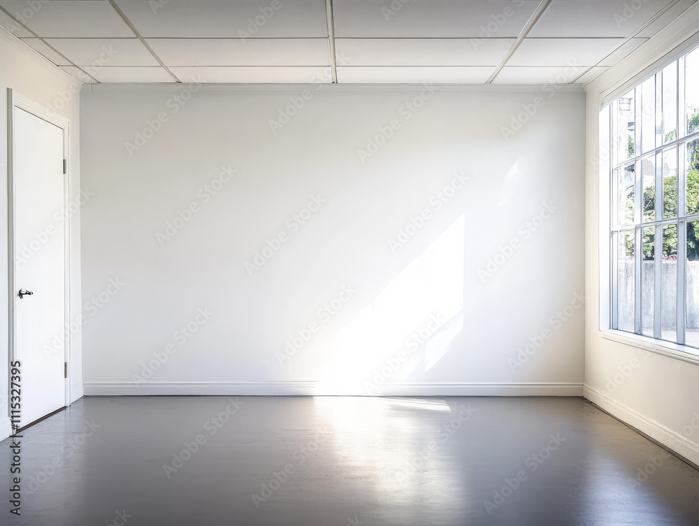 Fototapeta premium Empty room with natural light highlighting blank wall and smooth floor during daytime