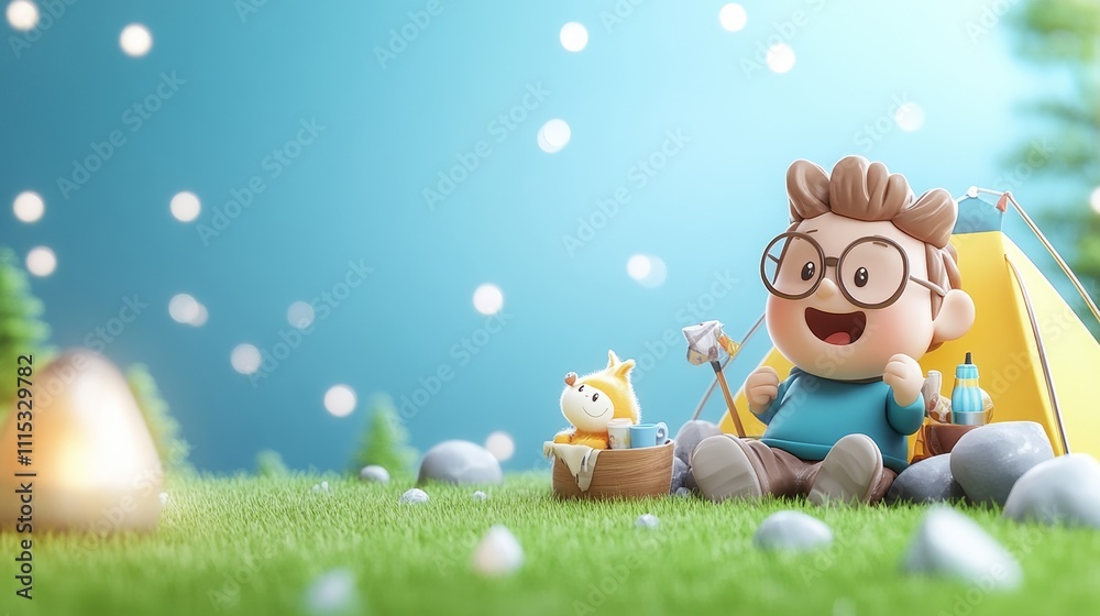 Fototapeta premium Joyful Cartoon Character Enjoying Camping in a Colorful 3D Scene