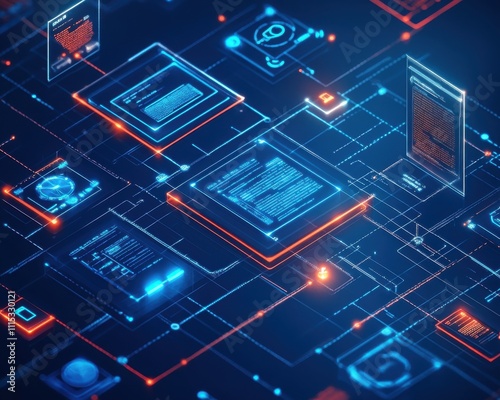 Digital Network Interface: An abstract 3D rendering showcasing a complex network of interconnected digital interfaces, glowing with vibrant blue and orange hues.