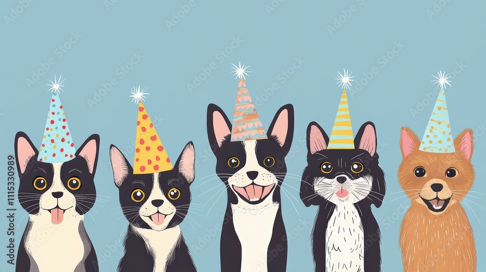 Fototapeta premium Adorable Party Dogs Celebrating with Colorful Hats and Joyful Faces