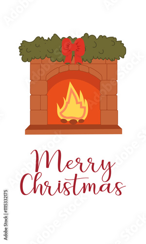 Merry  Christmas  greeting  card  with christmas fireplace on white  background with text. Vector flat illustration