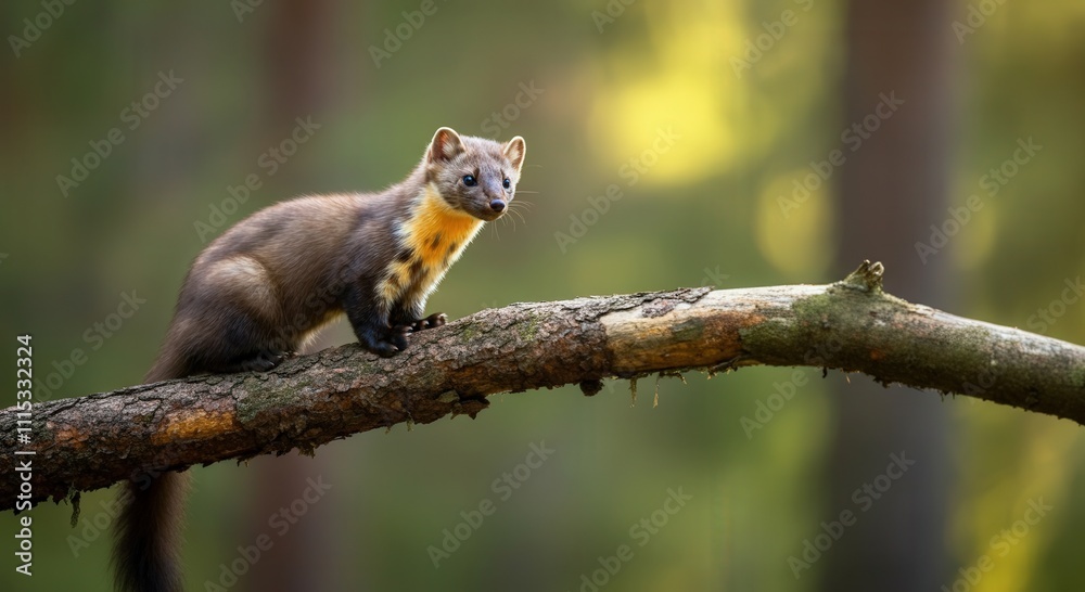 Obraz premium Curious pine marten on a forest branch in sunlit woodland setting