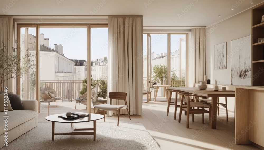 Fototapeta premium Tranquil Urban Oasis: Luxurious Apartment with Balcony and Cityscape View