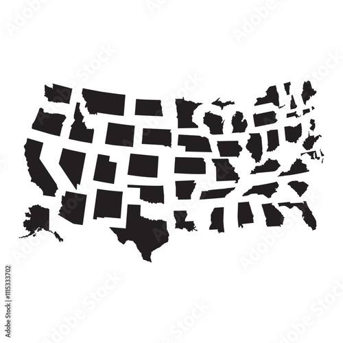 Colorful illustration showcasing all 50 US states in alphabetical order, from Alabama to Wyoming, with distinct shapes