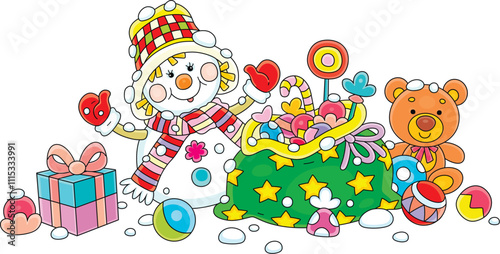 Cute snowman and its bag full of winter holiday gifts with toys and sweets for little kids, vector cartoon illustration on a white background