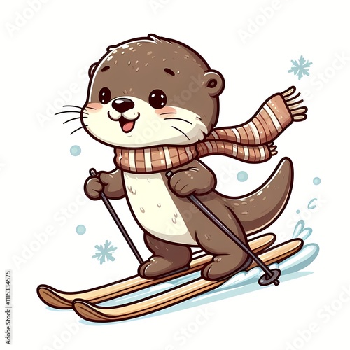 Cute Otter Playing Ski Cartoon Vector Icon Illustration