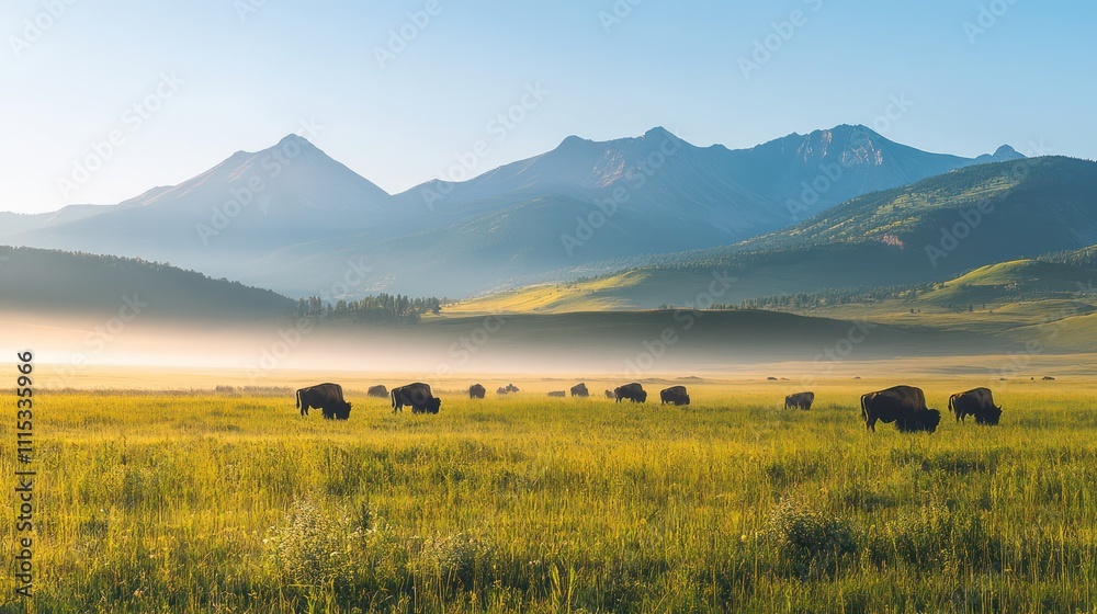 Obraz premium A majestic herd of bison grazing on the plains, with a distant mountain range in the background