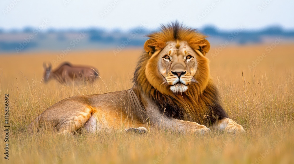 A majestic lion resting in the tall grass of the savannah, with its golden mane glowing in the sunlight A majestic lion resting in the tall grass of the savannah, with its golden mane glowing in the sunlight