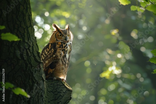 A majestic owl perched on a tree branch under a dramatic sky filled with clouds during twilight, showcasing nature's beauty and tranquility photo