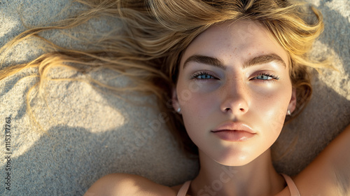 Blonde Woman Smiling Brightly at the Beach – Relaxed and Vibrant Summer Portrait