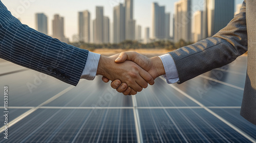 Two individuals shaking hands in front of a blurred construction site symbolizing collaboration teamwork trust and successful partnerships in building and development industries with a modern backdrop photo