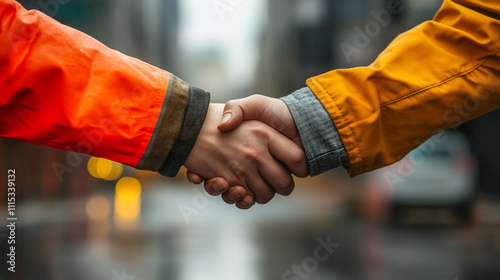 Two individuals shaking hands in front of a blurred construction site symbolizing collaboration teamwork trust and successful partnerships in building and development industries with a modern backdrop photo