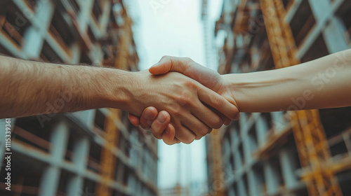 Two individuals shaking hands in front of a blurred construction site symbolizing collaboration teamwork trust and successful partnerships in building and development industries with a modern backdrop photo