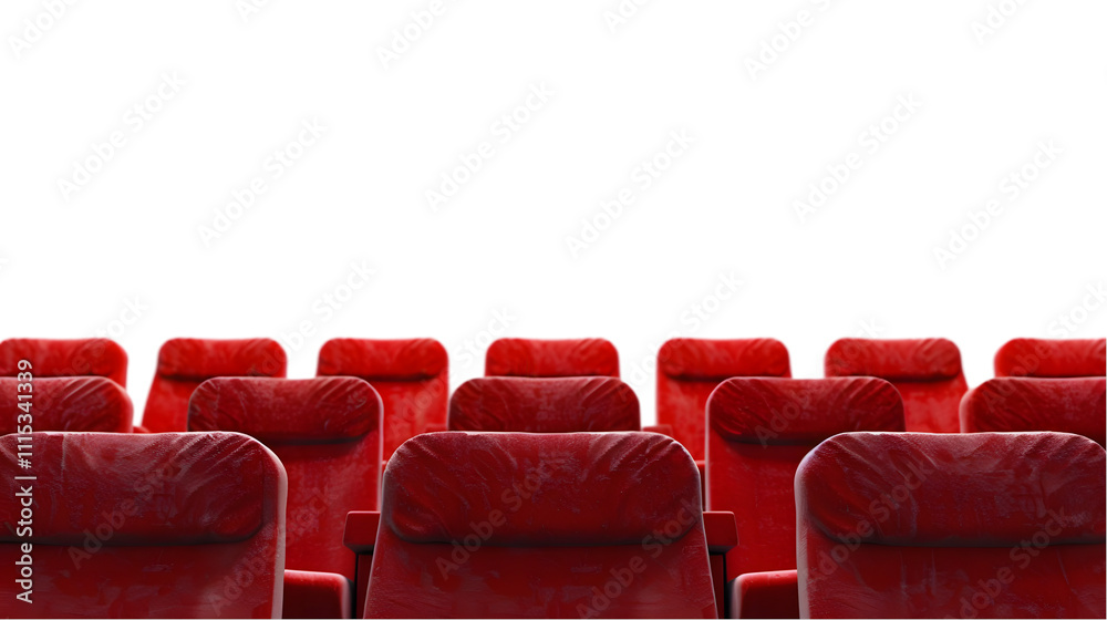 Fototapeta premium Rows of red cinema or theatre seats against a plain background isolated on a transparent background