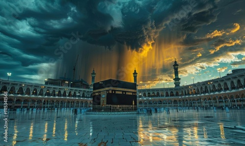 Majestic view of the Kaaba under dramatic stormy skies.