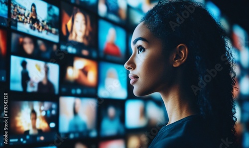 A person standing in front of a group of streaming screens, watching various videos being played, representing social media, platforms, internet, business, media, and the competitive dynamics of short