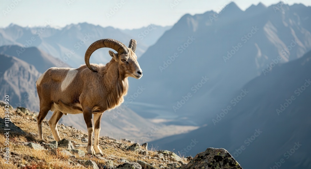 Fototapeta premium Majestic bighorn sheep in mountainous terrain at sunrise