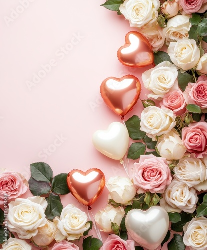 A beautiful arrangement of roses and hearts set against a soft pink background, symbolizing love and affection for Valentine's Day.