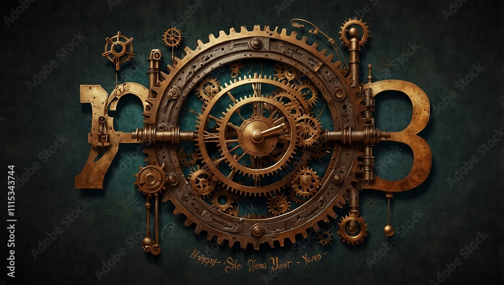 old key in the keyhole , A steampunk-style clock face with gears, surrounded by the numbers 2023.