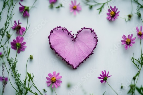 A heart-shaped piece of paper surrounded by vibrant purple flowers on a clean white surface, perfect for expressing love on Valentine's Day.