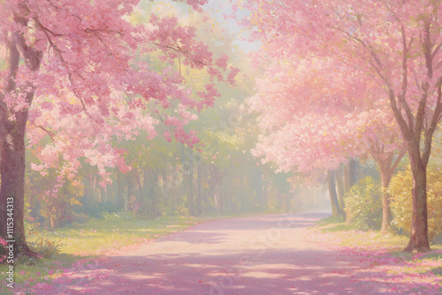 Park path with blooming pink trees, spring photo of blooming sakura in the garden
