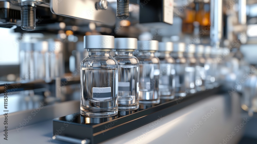 A close-up view of glass vials on a production line, depicting an automated filling process in a pharmaceutical or laboratory setting. A close-up view of glass vials on a production line, depicting an automated filling process in a pharmaceutical or laboratory setting.