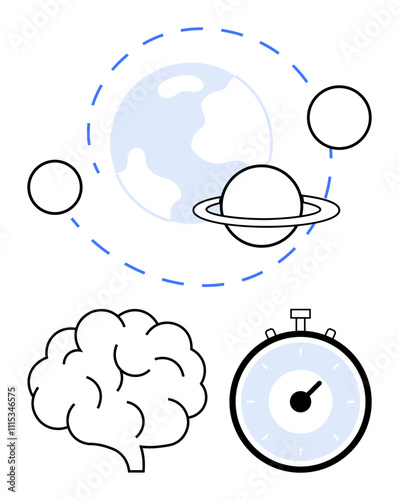 Planetary orbit stylized brain and stopwatch. Ideal for science, astronomy, neuroscience, education, time management, productivity, and creativity concepts. Line metaphor