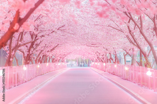 Park path with blooming pink trees, spring photo of blooming sakura in the garden
