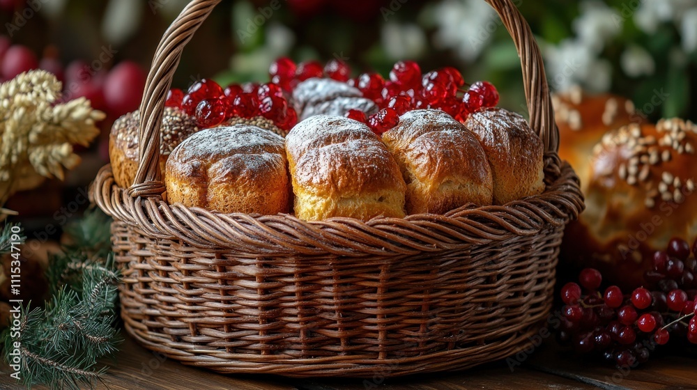 Festive bread in wicker basket with cranberries. Festive bread in wicker basket with cranberries.