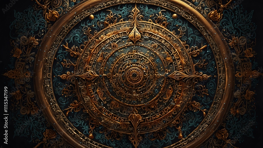 Fototapeta premium pattern , A large, ornate, gold circle with intricate patterns and dark teal background. A compass-like design is central.