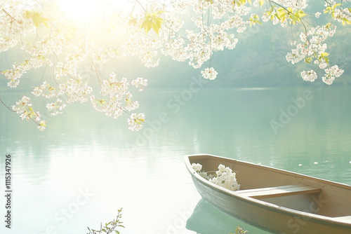 Spring park path near the lake, Gentle spring landscape with blooming cherry trees in a quiet park
