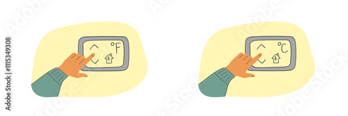 Hand adjusting thermostat settings vector illustration. Home heating, winter budget concept