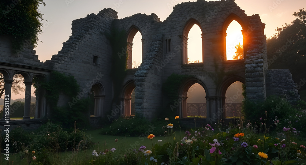 Obraz premium Ancient Castle Ruins at Dawn with Ivy and Wildflowers