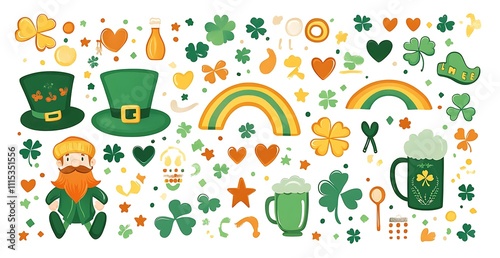 St. Patrick's Day sticker sheet featuring leprechauns and rainbows, the Irish flag, green hats photo