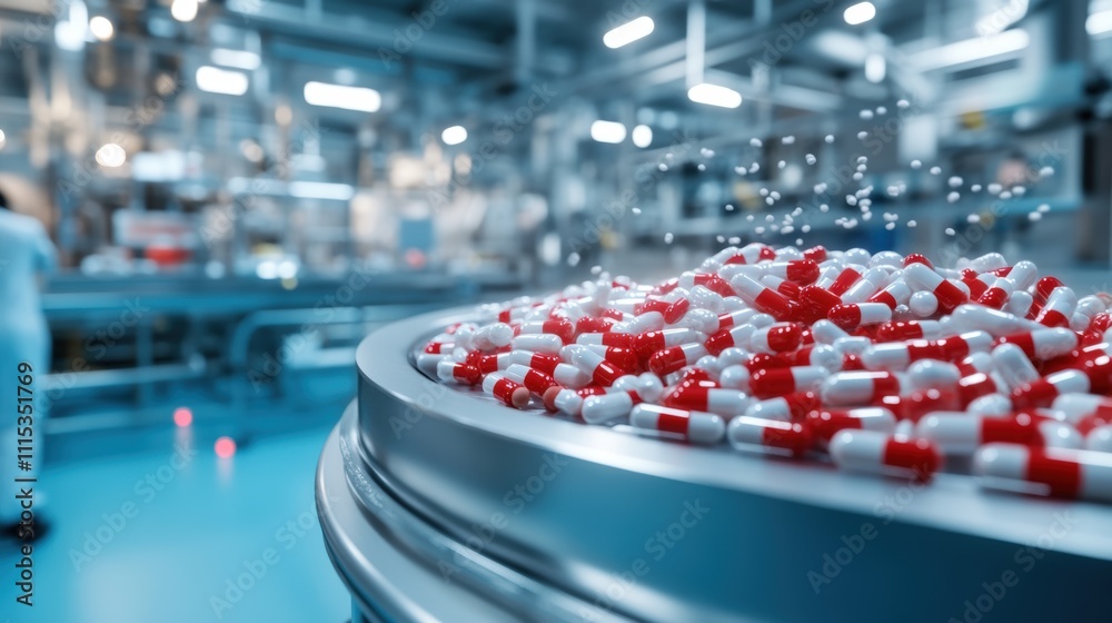Obraz premium A close-up view of red and white capsules on a conveyor in a pharmaceutical manufacturing facility, showcasing automated production.