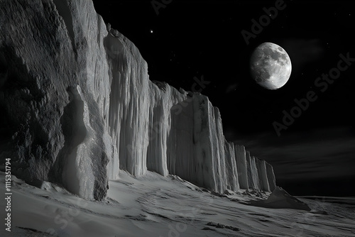 Surreal Moonlit Scene Of Rugged Alien Terrain Under A Bright Night Sky Dotted With Countless Stars. Generative AI photo