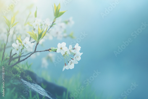 Delicate spring landscape with blooming cherry trees in a quiet park, sakura branches against the background of lake water