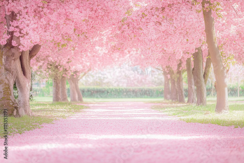 Park path with blooming pink trees, spring photo of blooming sakura in the garden
