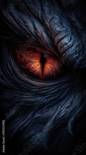 An enormous reptilian eye of a shadow dragon takes center stage, illuminated in warm red and orange hues, observing a dark and enigmatic fantasy landscape, suitable for a phone background.