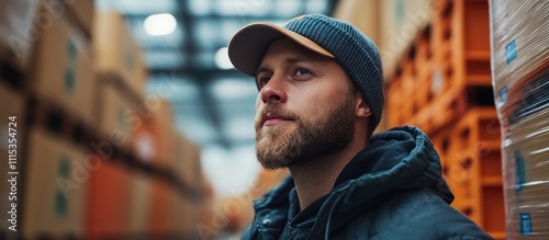 Young bearded man in warehouse looking up.