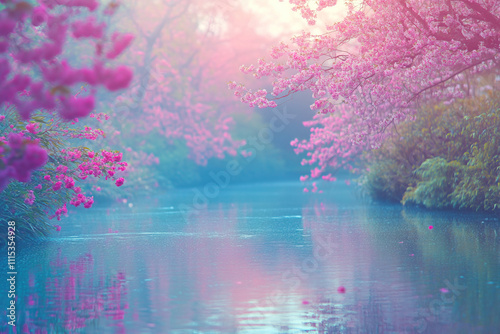Delicate spring landscape with blooming cherry trees in a quiet park, sakura branches against the background of lake water