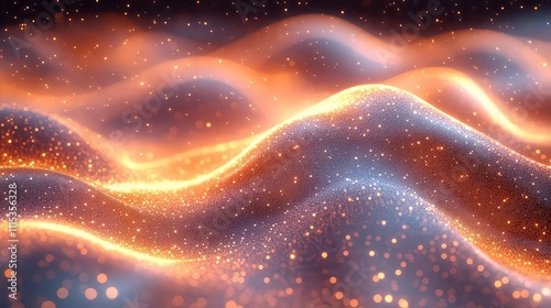 Abstract waves of light and particles in a glowing, dynamic landscape.