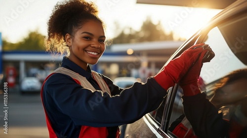 Young woman cleaning car window at service station during sunset in bustling city