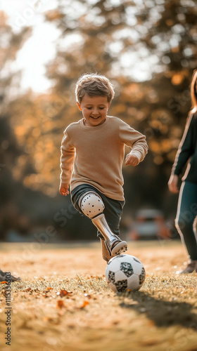 Young boy playing soccer with a prosthetic leg in a autumn park setting