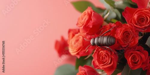 Close-up of Vibrant Red Roses and Decorative Ant, Captivating Floral Arrangement Against Soft Pink Background