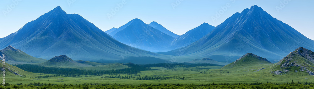 Fototapeta premium Panoramic view of majestic mountains and lush green valley.