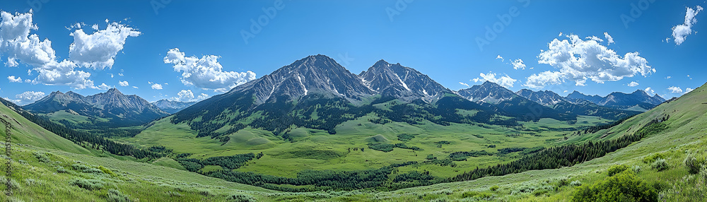 Obraz premium Panoramic view of majestic mountains under a vibrant blue sky.